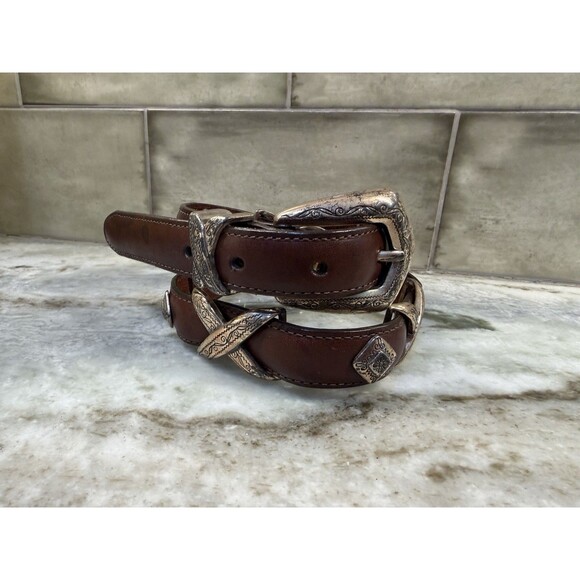 Brighton Accessories - 1990s Brighton Womens S Brown Leather Belt Silver XS And Diamond Concho Western